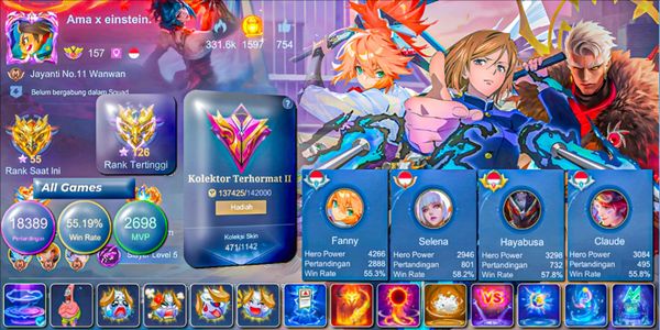SKIN 471!! WR 55% LEGEND GUSION, ASPIRANT FANNY, EXORCIST YUZHONG, JJK MELISSA, 11.11 GUSION, COLECTOR PARSHA & BADANG, 6 LUCKYBOX, 56 SKIN DELUXE