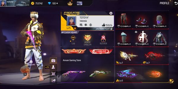 حساب فري فاير عمره 6 سنوات SG RAPPER، LUMUT، ماكس 2 SCAR & MP5، خزنة 580+، أسلحة 580+، حزمة أسطورية COBRA، كاتانا 7 راسة وغيرها
