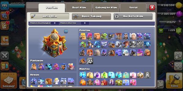 Th 16 Base de pago Latar Deff GG | Héroes alto nivel 90+91+70+65+41+11 | Equipo de héroe con habilidades épico completo/full (18) | Obreros (6) Cuenta GG más barata