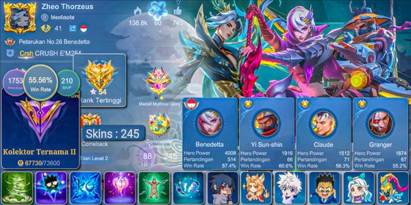 SKIN 245!! WR 55% SANRIO CLAUDE, KOLEKSİYONCU LING & YI SUN-SIN & BENEDETTA, KOF KARINA, ZODİAK LANCELOT & SELENA, 2 YILLIK YILDIZ, 34 DELUXE EX GLORY SKİN