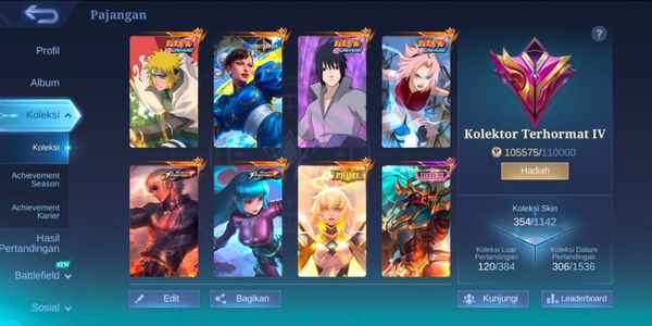 COMPTE ML PAS CHER EXALTED COLLECTOR, SKIN STREET FIGHTER GUINEVERE, MINATO GUSION, SASUKE SUYOU, SAKURA KALEA, KOF GUSION, AURORA, LUCKYBOX ALPHA ETC
