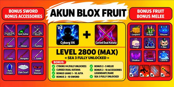 Blox Fruit hesabı (Maks Seviye) – Godhuman + Cyborg V4 + Cursed Dual Katana